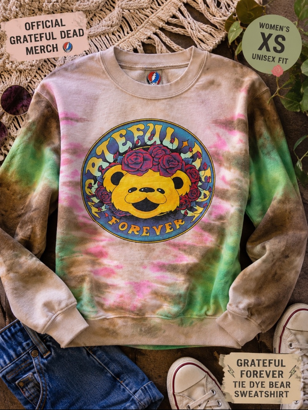 Grateful Dead Grateful Forever Tie Dye Bear Sweatshirt XS Official Band Graphic